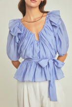 Load image into Gallery viewer, U Plunge Puff Sleeve Blouse - Powder Blue (Style: JJ2045T)