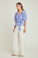 Load image into Gallery viewer, U Plunge Puff Sleeve Blouse - Powder Blue (Style: JJ2045T)