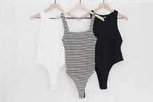 Load image into Gallery viewer, Solid Knit Scoop Neck Bodysuit White Black Striped