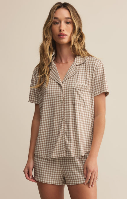 Amy Gingham Shirt - Iced Coffee - Yacht Blue