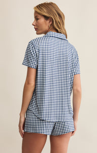 Amy Gingham Shirt - Iced Coffee - Yacht Blue