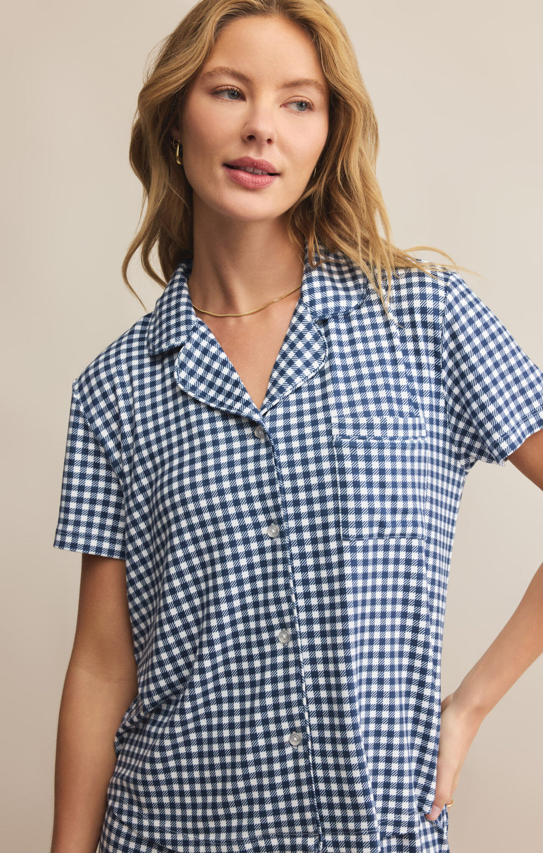 Amy Gingham Shirt - Iced Coffee - Yacht Blue