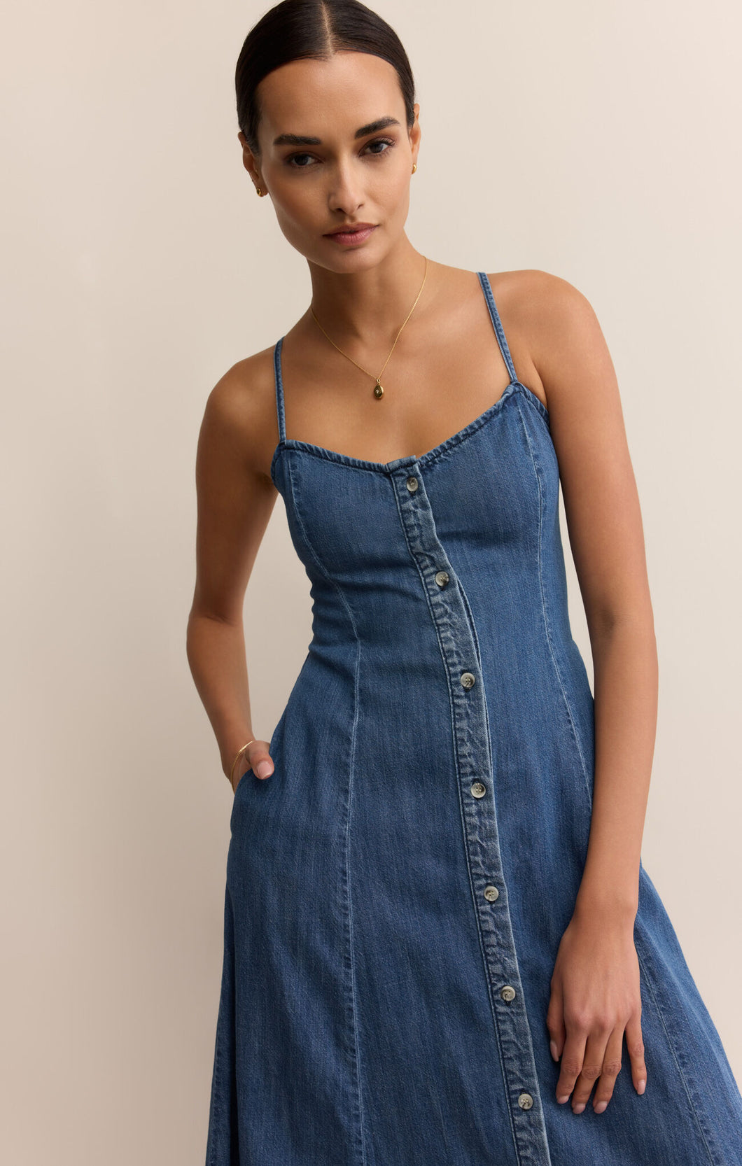 Angel Eyes Denim Midi Dress - Med Indigo