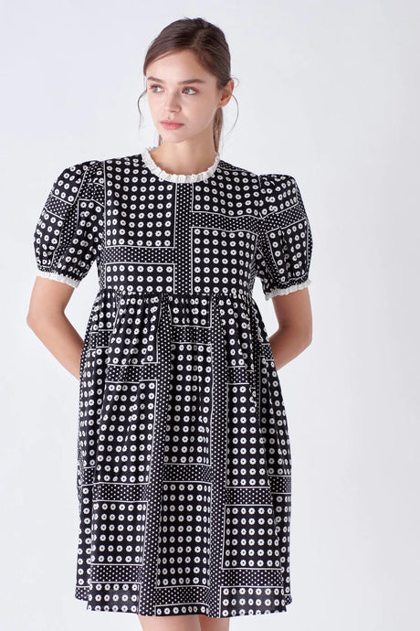 Geo Print Babydoll Dress - Black / White