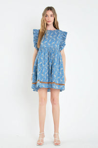 Paisley Ruffle Sleeve Babydoll Dress - Blue Multi