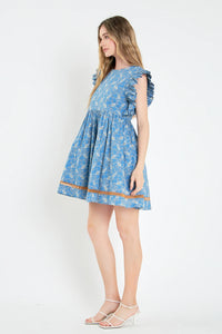 Paisley Ruffle Sleeve Babydoll Dress - Blue Multi