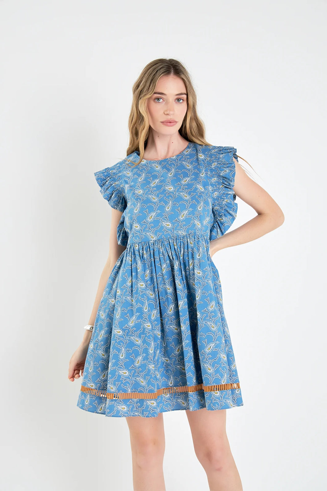 Paisley Ruffle Sleeve Babydoll Dress - Blue Multi