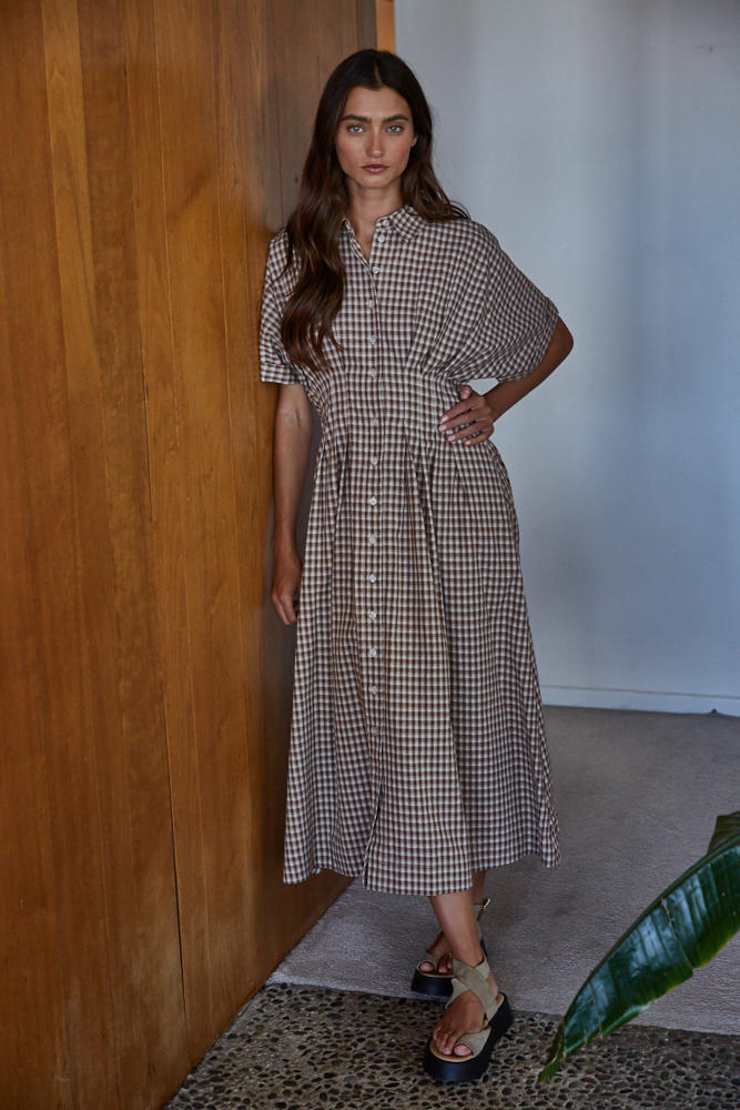 brown and cream gingham dress Belvedere ShirtDress – Straight Line Boutique it creates a figure Black Fitted Embellished Gown Size:7½ 101322