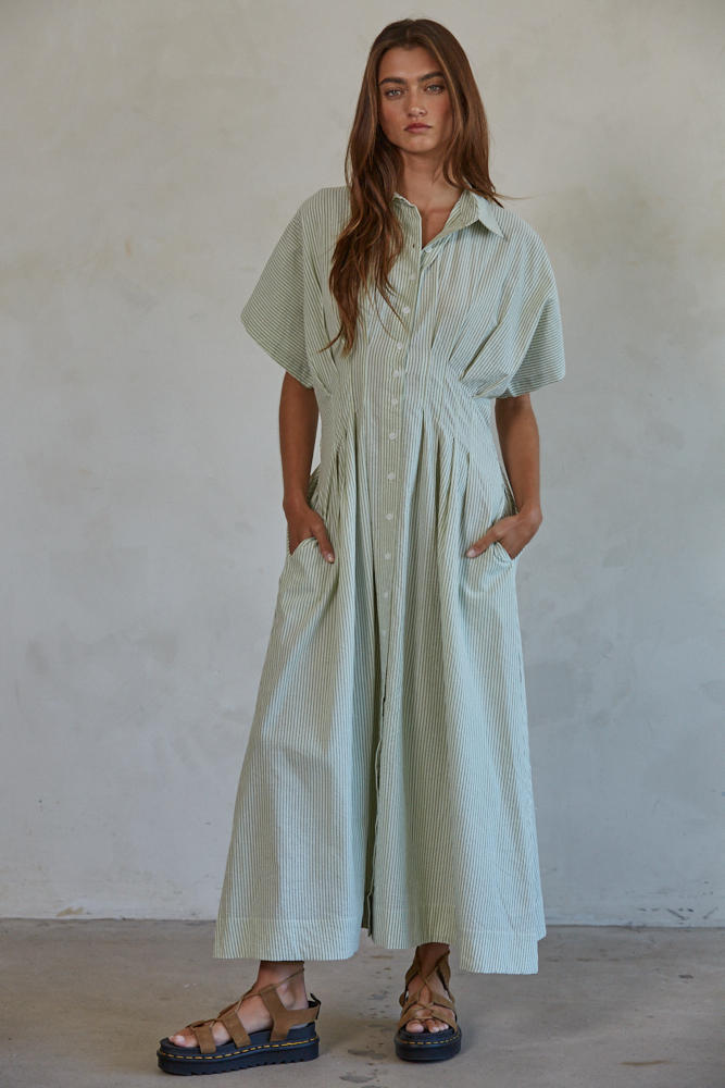 Bonnie Button Down Maxi - Olive / Cream Stripe