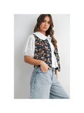 Load image into Gallery viewer, Button Front Tie Back Floral Denim Vest - Dark Denim Multi (Style # BMJ8275)
