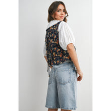 Load image into Gallery viewer, Button Front Tie Back Floral Denim Vest - Dark Denim Multi (Style # BMJ8275)
