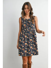 Load image into Gallery viewer, Tie Front Floral Denim Babydoll Dress - Dark Denim Multi (Style # BMD8380)
