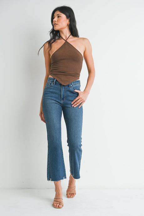 Piper Crop Flare Jean w/ Distressed Hem - Dark Denim