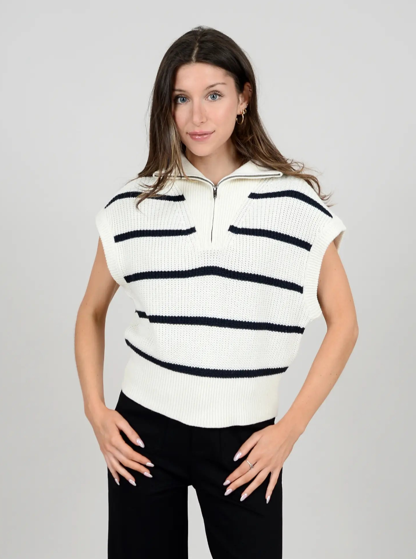 Danae Sleeveless Sweater Vest - Cream w/ Blk Stripes 