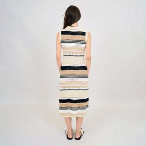 Dixie Dress - White/Blk/Beige Stripe