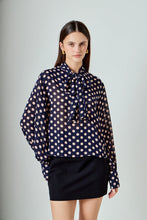 Load image into Gallery viewer, Polka Dot Bow Tie Blouse - Navy/Pink (Style #ET118T)
