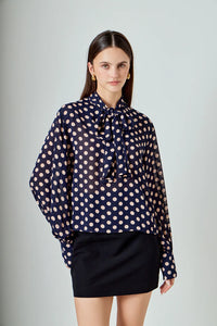 Polka Dot Bow Tie Blouse - Navy/Pink (Style #ET118T)