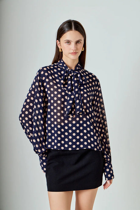 Polka Dot Bow Tie Blouse - Navy/Pink (Style #ET118T)
