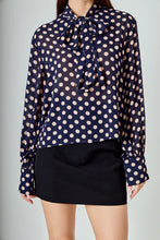 Load image into Gallery viewer, Polka Dot Bow Tie Blouse - Navy/Pink (Style #ET118T)

