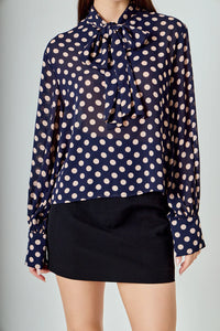 Polka Dot Bow Tie Blouse - Navy/Pink (Style #ET118T)