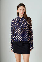 Load image into Gallery viewer, Polka Dot Bow Tie Blouse - Navy/Pink (Style #ET118T)
