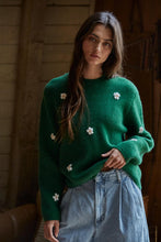 Load image into Gallery viewer, Embroidered Daisies Sweater - Light Grey - Green (Style W2150)
