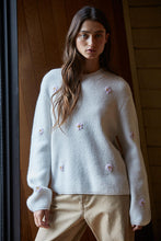 Load image into Gallery viewer, Embroidered Daisies Sweater - Light Grey - Green (Style W2150)
