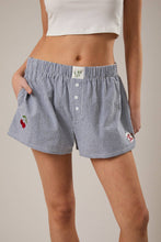 Load image into Gallery viewer, Embroidery Detail Shorts - Navy Gingham w/ Red Cherries
