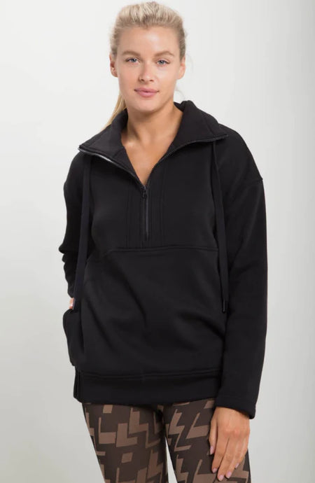 Faux Fur Lined 1/2 Zip Pullover - Black