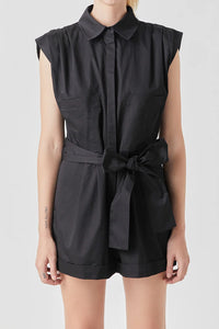 Pleated Shoulder Romper - Black