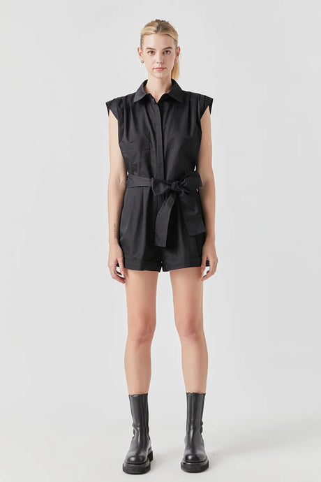 Pleated Shoulder Romper - Black