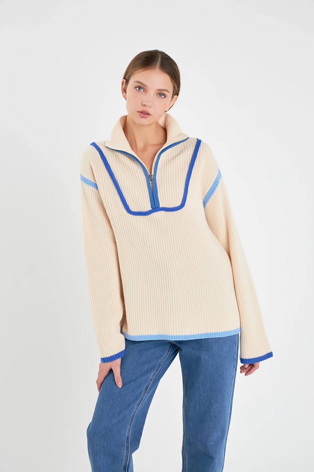 Contrast Piping 1/4 Zip Sweater - Beige Multi or Blue Multi