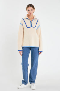 Contrast Piping 1/4 Zip Sweater - Beige Multi or Blue Multi
