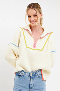 Contrast Piping 1/4 Zip Sweater - Beige Multi or White Multi