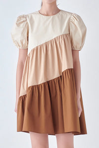 Asymetrical Colorblock Mini Dress - Beige Multi