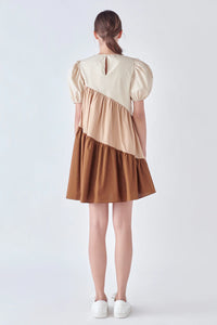 Asymetrical Colorblock Mini Dress - Beige Multi