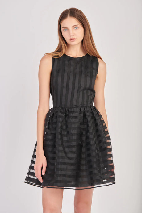 Striped Organza Mini Dress - Black