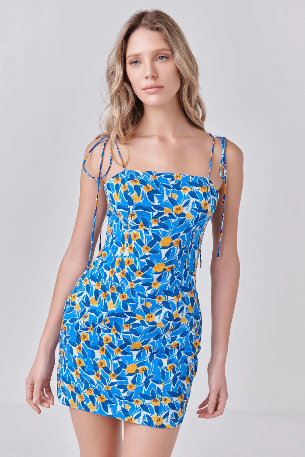 Floral Textured Mini Dress - Blue / Yellow