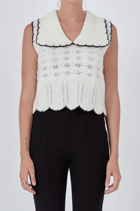 Collared Crochet Vest - Cream w/ Black Trim
