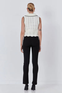 Collared Crochet Vest - Cream w/ Black Trim