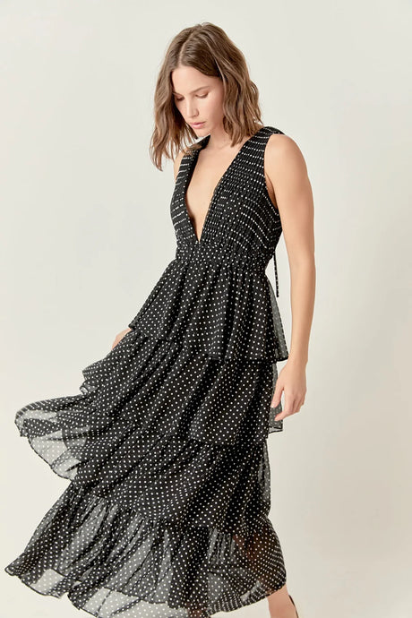 Tiered Polka Dot Maxi Dress - Black/White (Style #HN4095D)