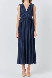 Pleated Details Midi Dress - Navy