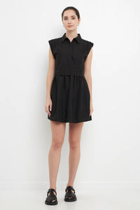 Pleated Shoulder Mini Dress - Black
