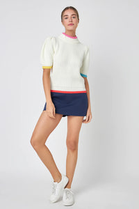 Color Contrast Sleeve Sweater - Ivory / Multi
