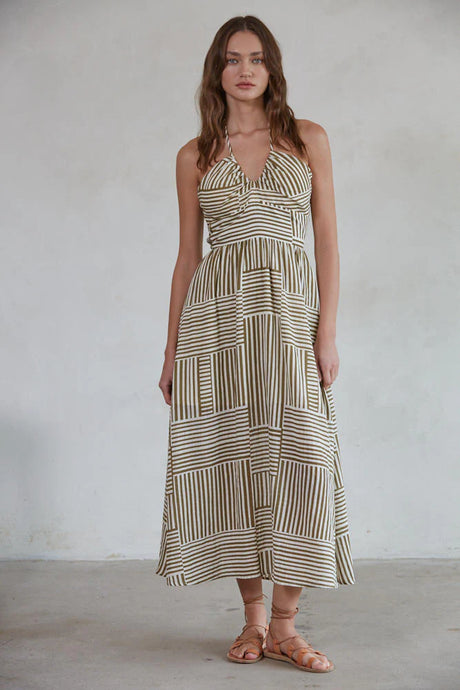 Kiele Striped Halter Dress - Olive / Ivory