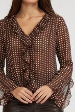 Load image into Gallery viewer, Liza Ruffle Blouse - Brown/Cream Polka Dots
