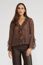 Load image into Gallery viewer, Liza Ruffle Blouse - Brown/Cream Polka Dots
