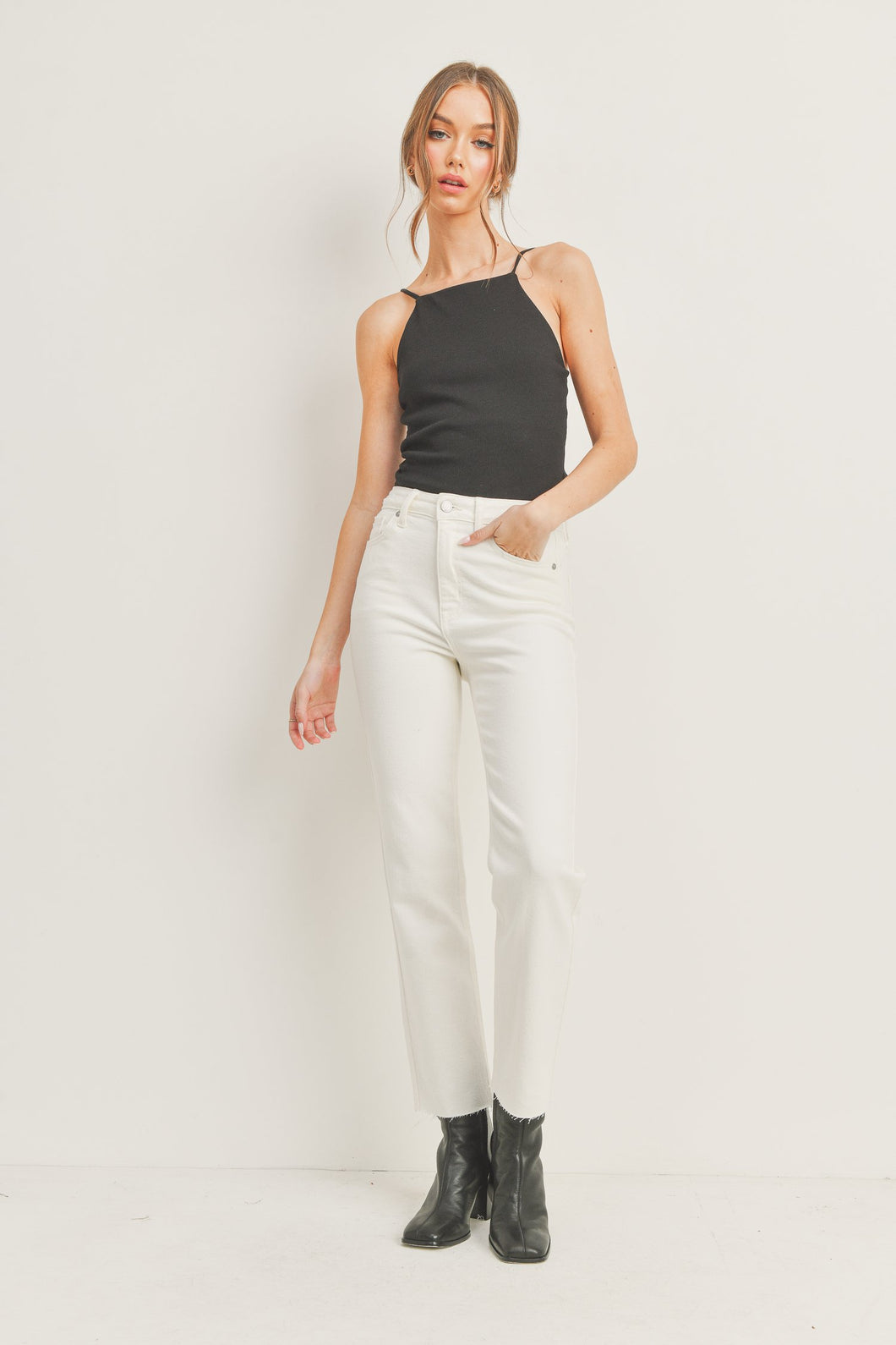 Luna Cut Off Cropped Straight Jeans - Cream