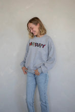 Load image into Gallery viewer, &quot;MERRY&quot; Plaid Sweatshirt - Navy Blue - Heather Grey
