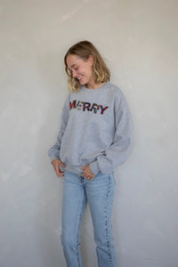 "MERRY" Plaid Sweatshirt - Navy Blue - Heather Grey